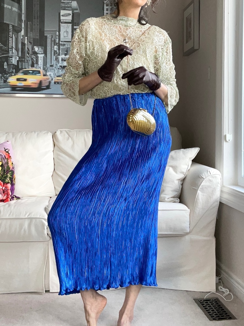 Electric blue crinkle pleat maxi skirt